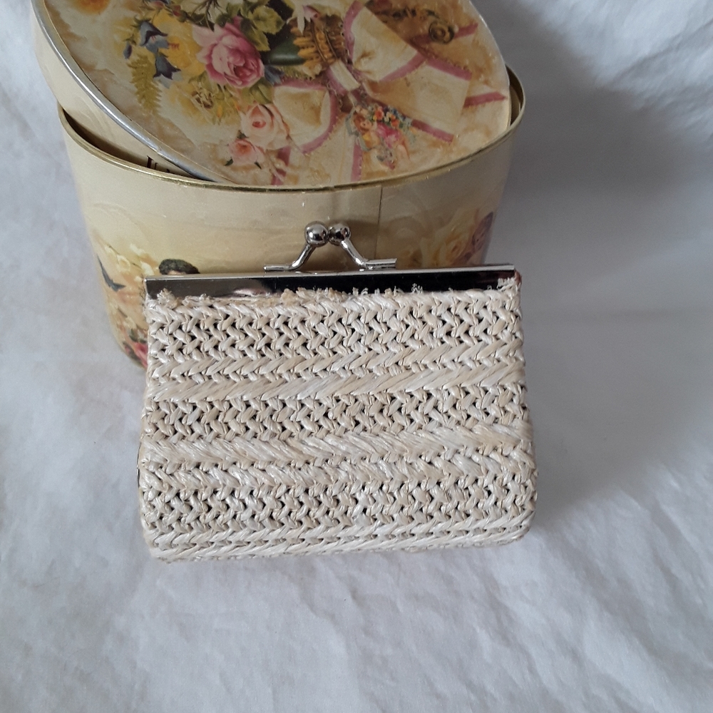 Tan rattan coin purse/teardrop shape/silver clasp/black lined purse/3in.x31/2in.
